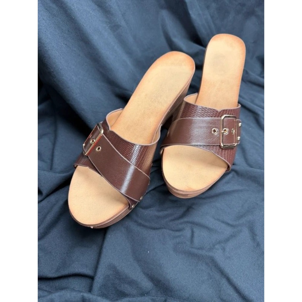 Women's EU 41 Brown Platform Clog Sandals Buckle Studded Faux Wood Y2K Boho